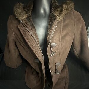 Brown Faux Fur Trimmed Women's Coat-Sonoma -size small-#437